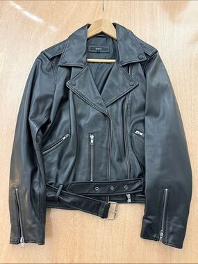Quince Black Leather Biker Jacket with Belt NWOT